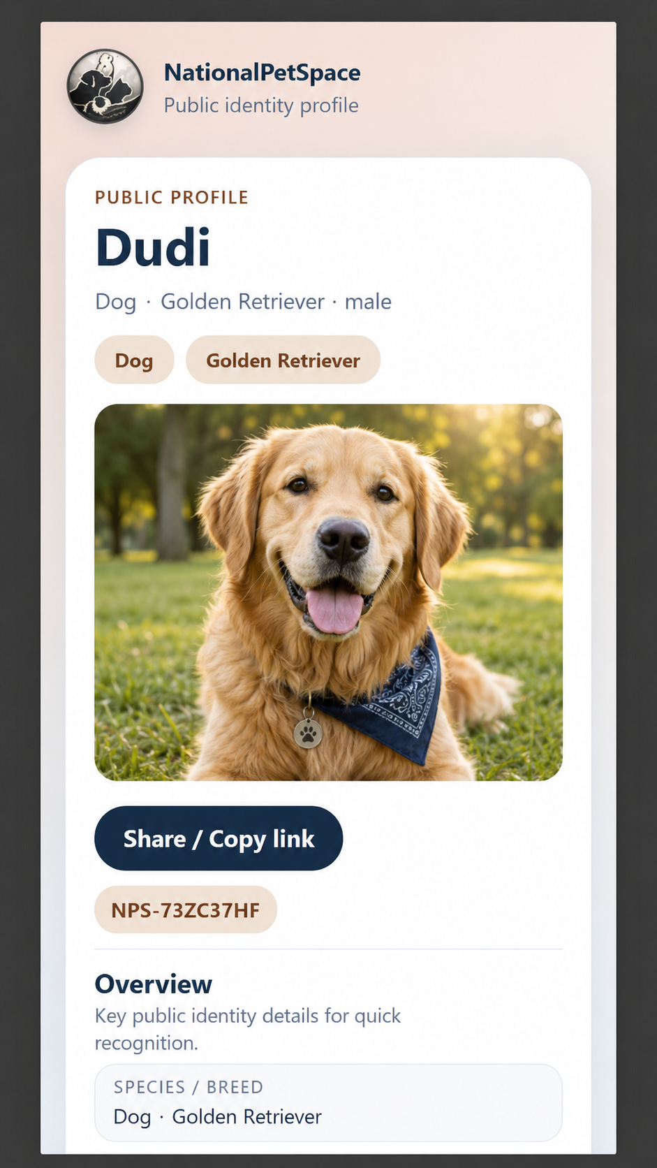 Current NationalPetSpace public PetSpace profile example